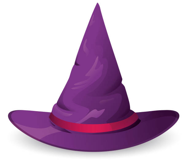 Isolated Purple and Pointy Witch Hat Decorated with Band Purple and pointy witch hat, decorated with fuchsia band, isolated over white background. witchs hat stock illustrations