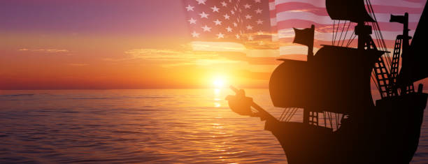 Vintage sailboat on the sea sunset background . National USA holiday . COLUMBUS DAY. Vintage sailboat on the sea sunset background . National USA holiday . COLUMBUS DAY. columbus-day stock pictures, royalty-free photos & images