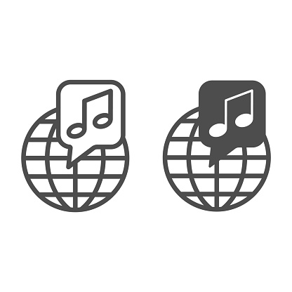 Globe with note, music worldwide line and solid icon, music concept, international music vector sign on white background, outline style icon for mobile concept and web design. Vector graphics