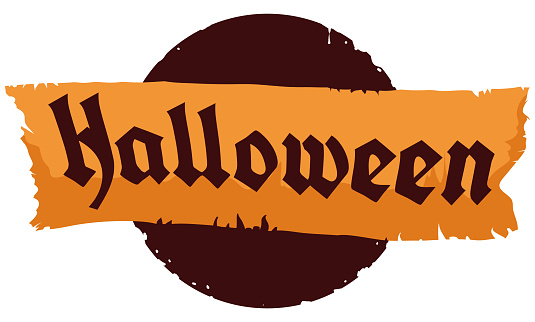 Ragged scroll with Halloween sign over eroded round button, isolated over white background.