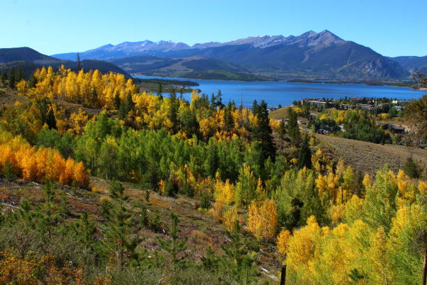 Autumn at Dillon Overview of changing fall colors at Dillon Reservoir summit county stock pictures, royalty-free photos & images