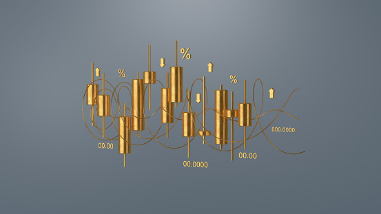 Gold Candlestick Chart of the stock market, 3D Rendering