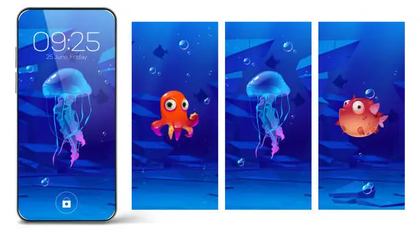 Vector illustration of Smartphone lock screens with underwater animals