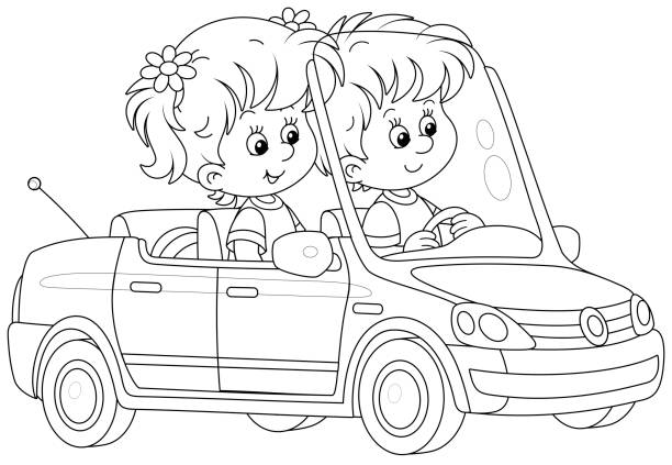 ilustraciones, imágenes clip art, dibujos animados e iconos de stock de niña y niño conduciendo un coche de juguete - niña y niño libro para colorear