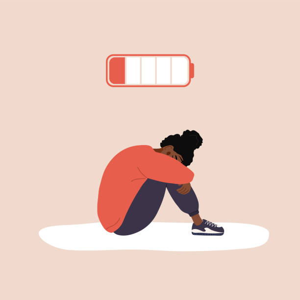 ilustrações de stock, clip art, desenhos animados e ícones de professional burnout. exhausted african girl with low battery sitting on floor and crying. mental health problem. deadline, stress and fatigue concept. vector illustration in flat cartoon style - exaustão