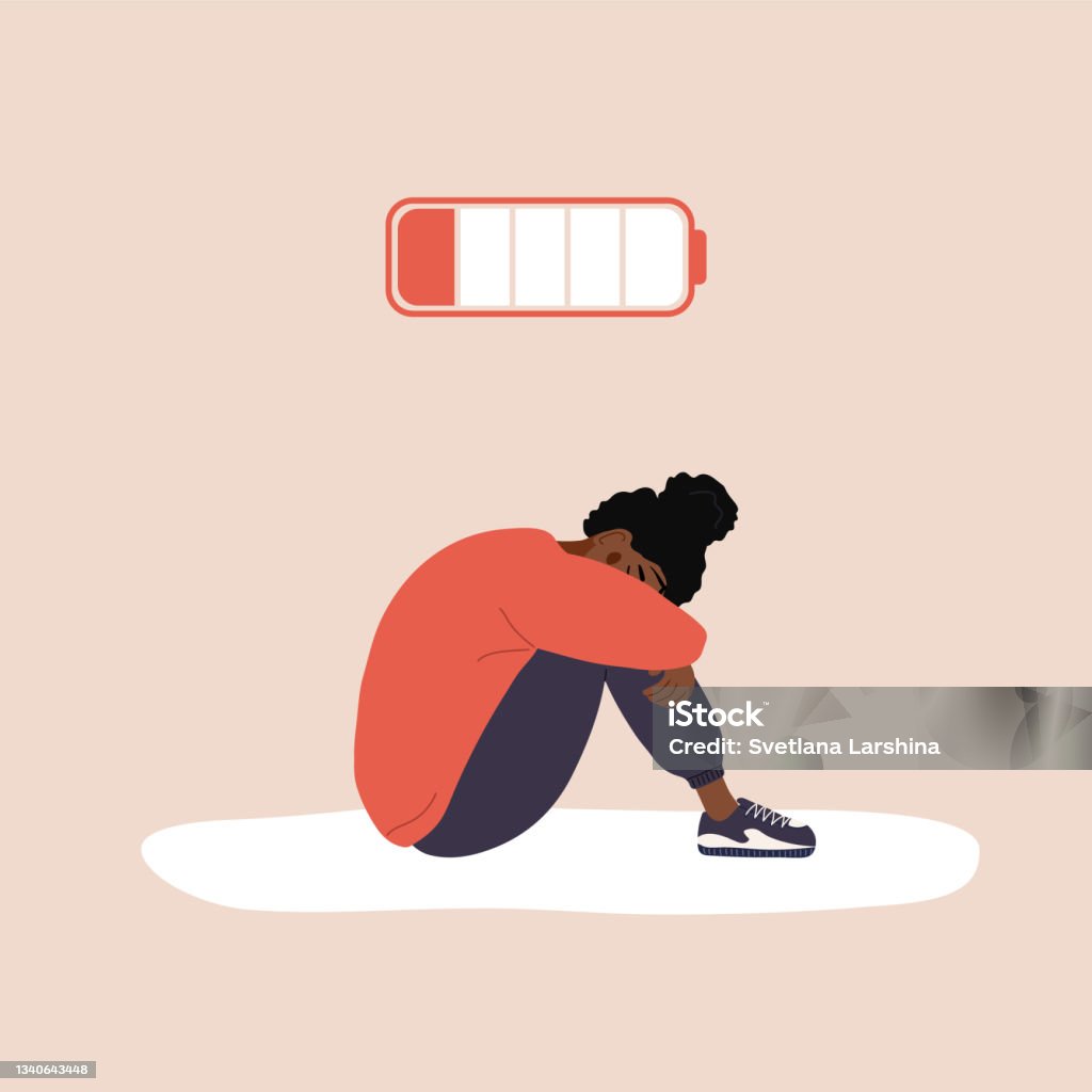 Professional Burnout Exhausted African Girl With Low Battery Sitting On  Floor And Crying Mental Health Problem Deadline Stress And Fatigue Concept  Vector Illustration In Flat Cartoon Style Stock Illustration - Download  Image