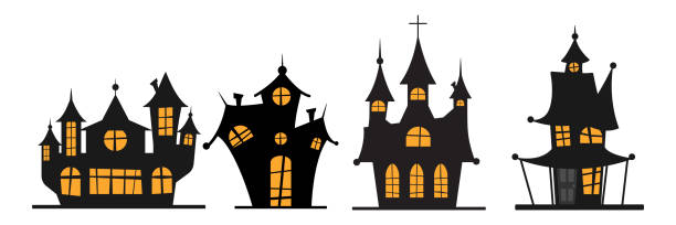 illustrations, cliparts, dessins animés et icônes de ensemble de château noir d’halloween avec des fenêtres jaunes. illustration vectorielle - holiday clip art spooky halloween