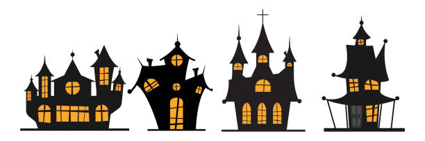 Set of halloween black castle with yellow windows. Vector illustration Set of halloween black castle with yellow windows. Vector illustration. house clipart stock illustrations