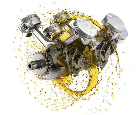 Ilustración 3d Pistones del motor y cigüeñal con aceite lubricante photo