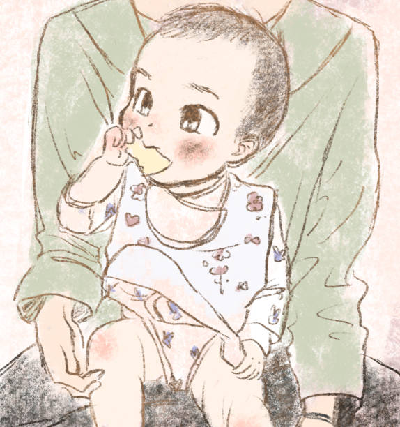 Baby eating baby rice crackers on mom's lap. Baby eating baby rice crackers on mom's lap. eating child cracker asia stock illustrations