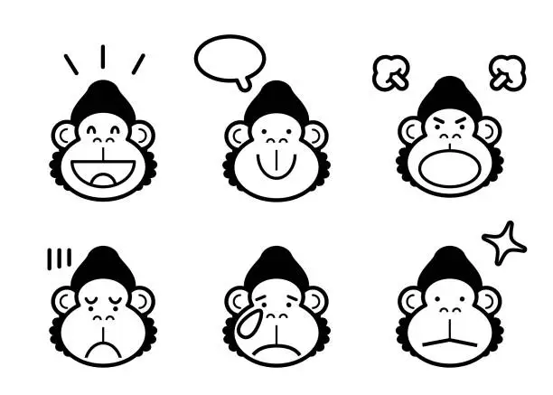 Vector illustration of Cute gorilla icon set with six facial expressions in black and white