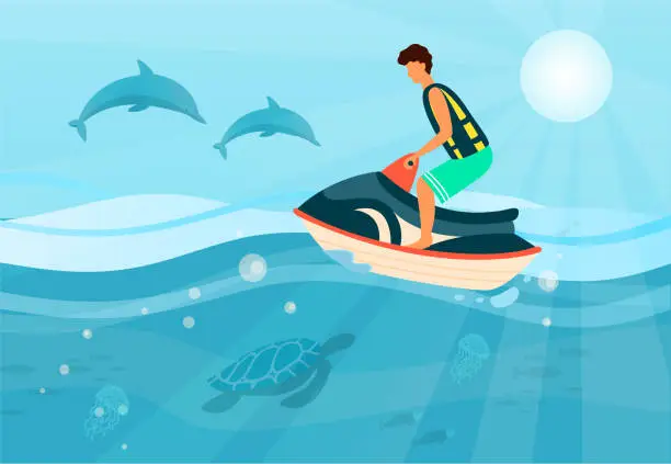 Vector illustration of Man in life jacket on water bike jumping over waves of sea. Seascape with dolphins and sportsman