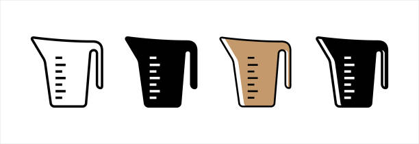 컵 아이콘을 측정합니다. 저그 아이콘 벡터 세트를 측정합니다. 부엌 물 측정 유리 도자기 아이콘 기호. - measuring cup stock illustrations