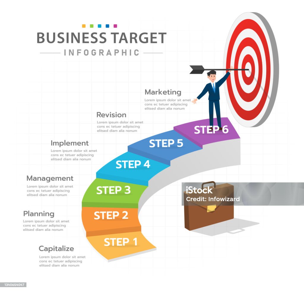 Target Reduce Step Process Graph Infographic 6 Steps Modern Target Diagram With Staircase Stock ...