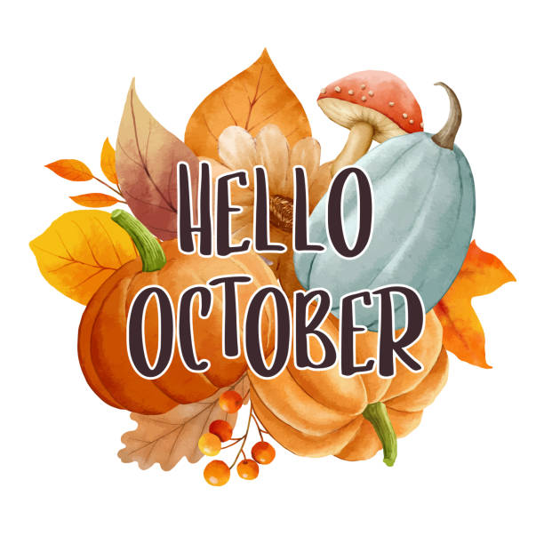 葉の華やかな花の背景でこんにちは10月。秋の10月手描きレタリングテンプレートデザイン。 - october点のイラスト素材／クリップアート素材／マンガ素材／アイコン素材