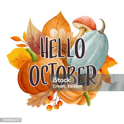 istock Hello october with ornate of leaves flower background. Autumn october hand drawn lettering template design. 1340656227