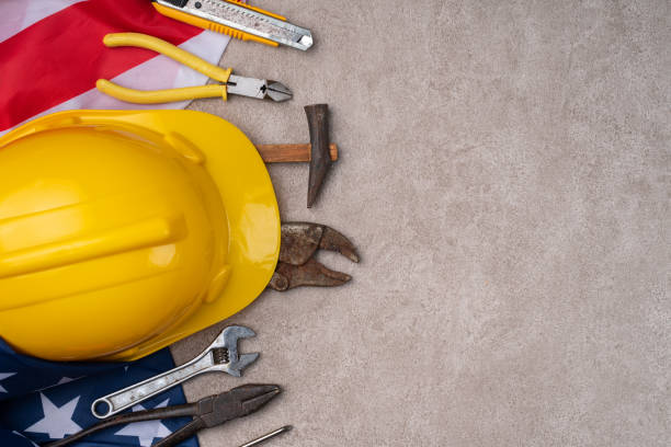 istock Top view design concept of American Labor Day with working tools. 1340656344