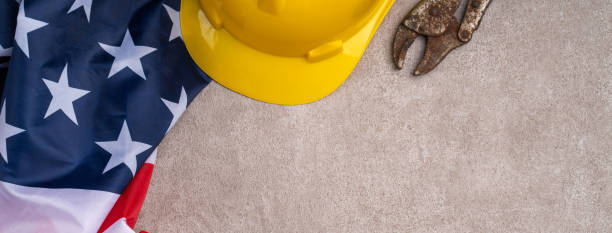 istock Top view design concept of American Labor Day with working tools. 1340656372