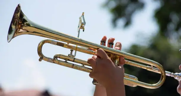 Photo of playing a brass instrument. military band performs