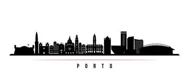 Vector illustration of Porto skyline horizontal banner. Black and white silhouette of Porto, Portugal. Vector template for your design.
