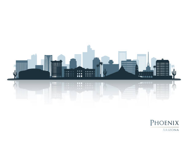 ilustrações de stock, clip art, desenhos animados e ícones de phoenix skyline silhouette with reflection. landscape phoenix, arizona. vector illustration. - phoenix downtown district skyline city