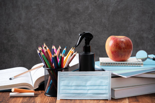 istock Back to school design concept with stationery over wooden table background. 1340657481