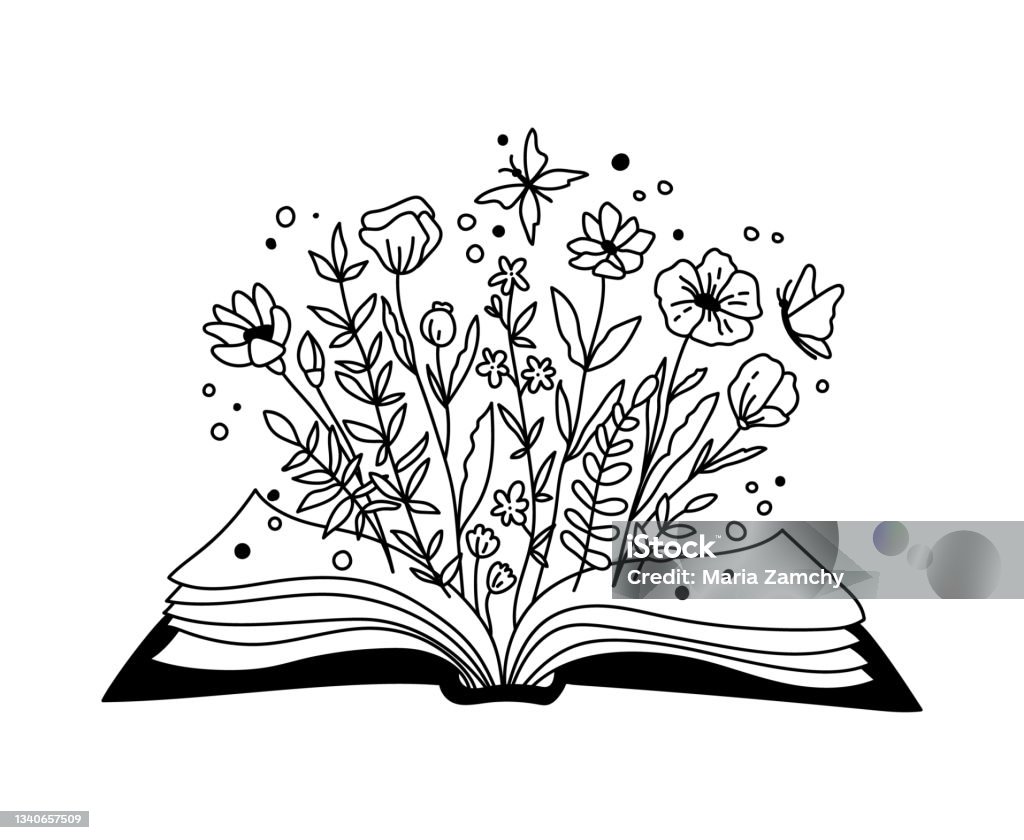 Floral Book isolated clipart, Opened book and wildflowers boho decorative composition, flower daisy bouquet and buyyerfly - black and white vector illustration Floral Book isolated clipart, Opened book and wildflowers boho decorative composition, flower daisy bouquet and butterfly - black and white vector digital illustration Wildflower stock vector