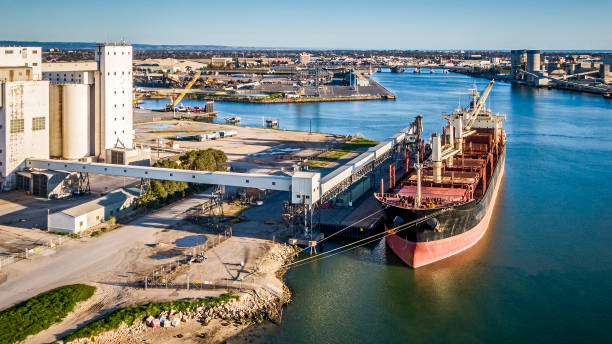 istock Panoramic aerial view of bulk carrier ship moored in river harbor, loading grain 1340657548