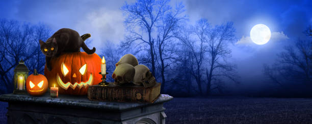 istock two spooky halloween pumpkins, Jack O Lantern, table with a misty gray coastal night background with space for product placement., 3D rendering 1340657727
