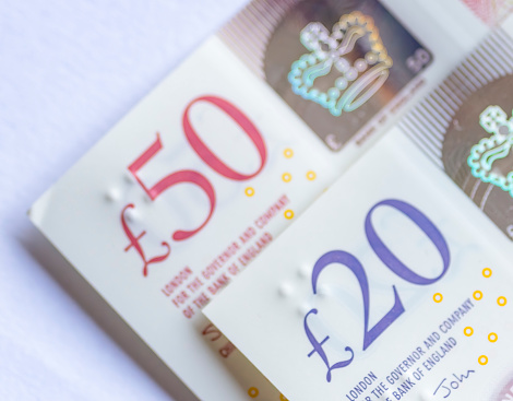 Macro close-up of new UK £20 and £50 notes,  the new £50 note came into circulation 23 June 2021.