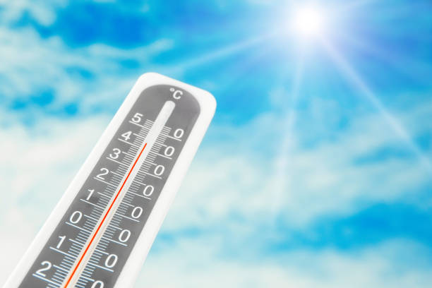 istock Weather thermometer with high temperature and beautiful sky on background, space for text 1340658897