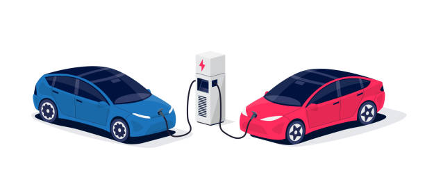 Modern Electric Cars Charging Parking at the Charger Station Isometric electric cars charging parking at the charger station with a plug in cable. Isolated flat vector illustration with fast charge stall and plug in cable. Electrified transportation e-motion. cartoon of the mobile phone charger stock illustrations