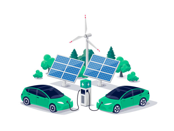 Electric cars charging on green renewable solar wind energy charger station with charging stall Electric cars charging on parking lot area with fast supercharger station stall. Vehicle on renewable smart solar panel wind power station electricity network grid. Isolated flat vector illustration. electric car stock illustrations