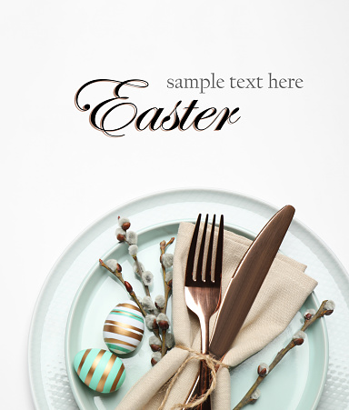Festive table setting with eggs, top view. Easter greeting card