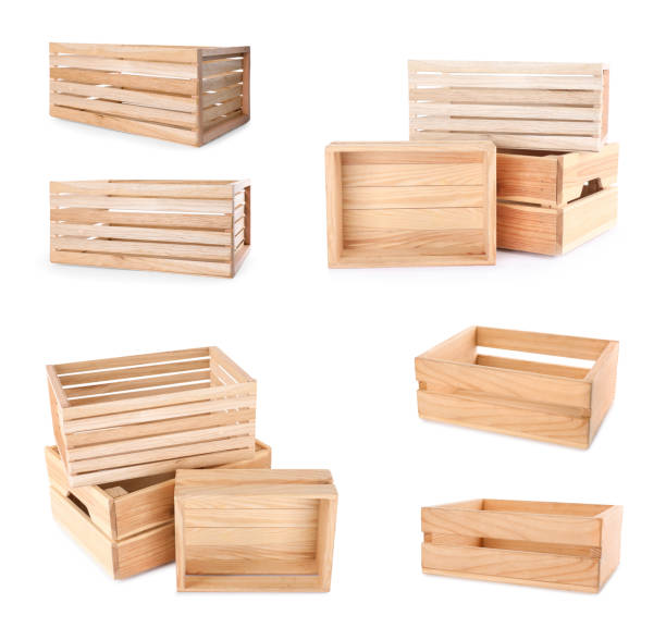 istock Set of wooden crates on white background 1340660355