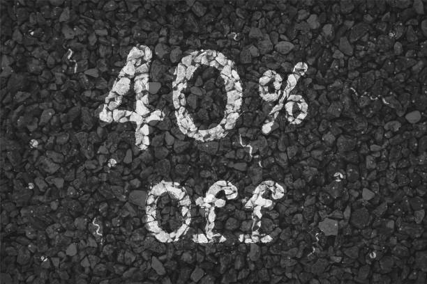 istock Black  and white coloured pebbles making a  rustic poster with text 40 % Off painted on gravel road with small swirls pattern, vector backgrounds 1340661001