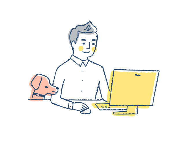 ilustrações, clipart, desenhos animados e ícones de um homem trabalhando em um computador e um cachorro ao lado dele - sentar se pose