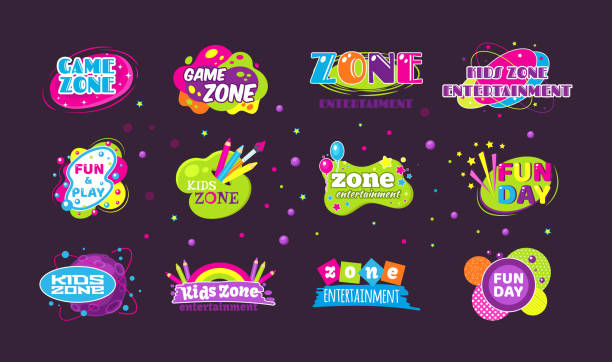 illustrazioni stock, clip art, cartoni animati e icone di tendenza di kids game zone fun day entertainment set childish banner label sticker badge logo. - fun time