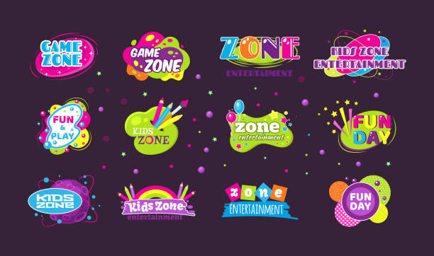 детская игровая зона веселый день развлечения набор детский баннер наклейка наклейка значок логотип. - fun time stock illustrations