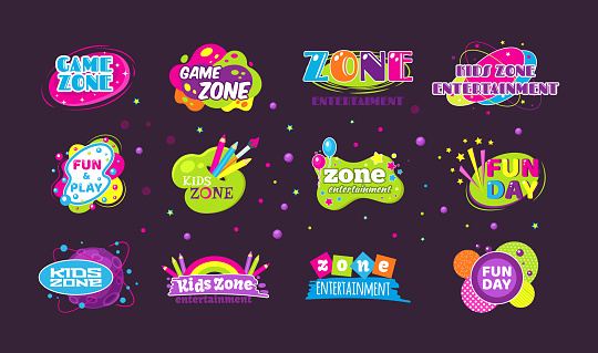 Kids game zone fun day entertainment set childish banner label sticker badge logo. Cartoon colorful logo for children's playroom decoration, fun play, zone entertainment kids zone vector illustration