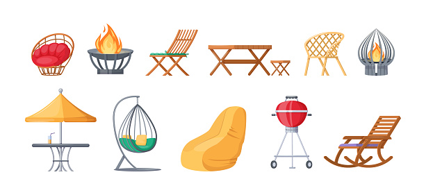 Garden outdoor furniture set. Swing bench seat, fireplaces, barbecue grill, gazebo tent, bag rocking chair, table with umbrella, hanging hammock, gazebo. Furniture for rest relaxation cartoon vector