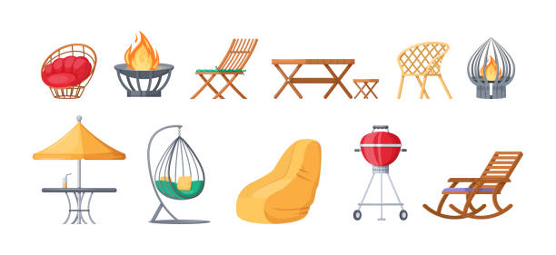Garden outdoor furniture set. Swing bench seat, fireplaces, barbecue grill, gazebo tent, bag rocking chair, table with umbrella, hanging hammock, gazebo. Furniture for rest relaxation Garden outdoor furniture set. Swing bench seat, fireplaces, barbecue grill, gazebo tent, bag rocking chair, table with umbrella, hanging hammock, gazebo. Furniture for rest relaxation cartoon vector wooden garden swing bench cartoon stock illustrations