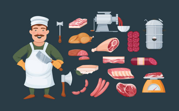 illustrations, cliparts, dessins animés et icônes de boucher avec des accessoires de cuisine pour couper et viande des steaks frais. hachoir à viande, couteaux, marteau, hachette. saucisses, cervelat, steak de viande, salami, bacon, poulet frit - meat loaf meat cooked beef