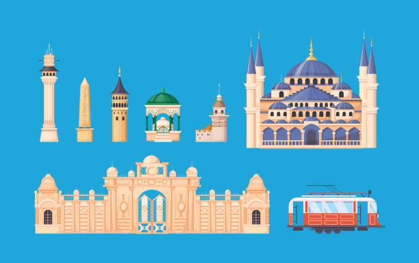 ilustrações, clipart, desenhos animados e ícones de país da turquia eduto de pontos turísticos. pontos turísticos da turquia, edifícios, torres, mesquita azul, bonde, castelo dolmabahce. destinos de viagem de istambul. - maiden