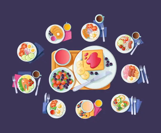 Vector illustration of Morning healthy food top view. Breakfast dish with beverage. Breakfast dinner for healthy human nutrition vector