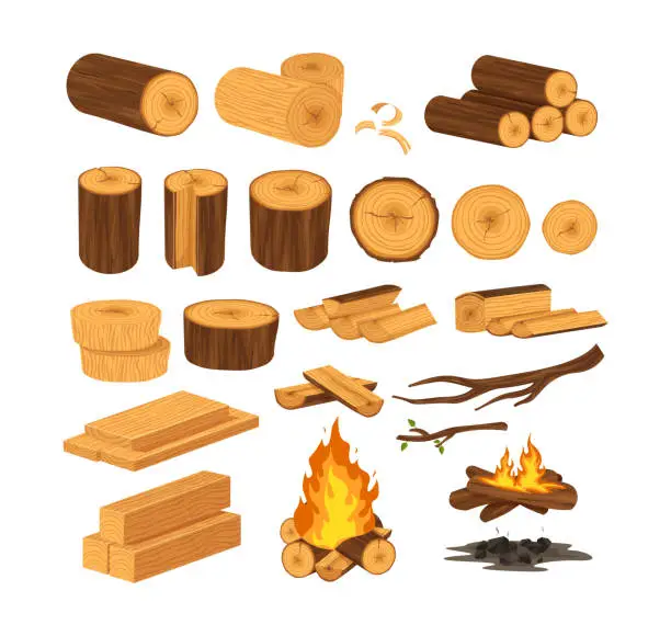 Vector illustration of Wood industry products, tree trunks, bark, branches, planks, chest, shavings, firewood boards, fire burning wooden logs, wood campfire.