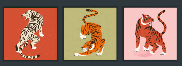 Set of colorful tigers in abstract style. Modern greeting card or poster. Hunting tigers in asian style. Chineese 2022 year sign. Year of the Tiger 2022 Japanese new year card. Vector Illustration for print.