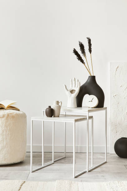 istock Creative composition of cozy living room interior design with copy space, coffee table and personal accessories. Modern classic style. Template. 1340664681