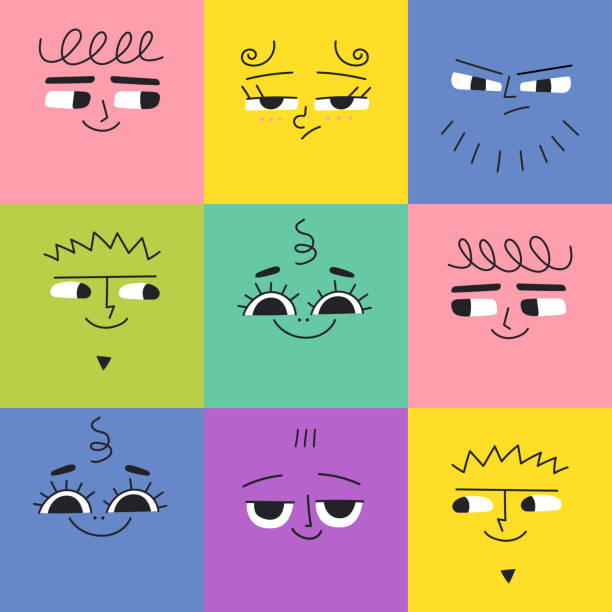 ilustraciones, imágenes clip art, dibujos animados e iconos de stock de caras patrón sin fisuras - personaje