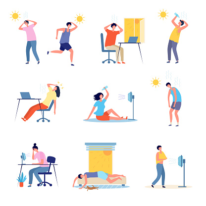 People hot weather. Outdoor sunny unhealthy persons exhaustion tired male and female characters headache recent vector flat illustrations. Weather hot and heat sun, season of sunstroke